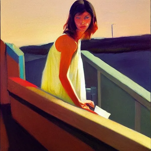 Prompt: Portrait, dated a chick that lived on Cooterneck Road, She had a catfish Camero and was cooler than me, by Edward Hopper and Bo Bartlett