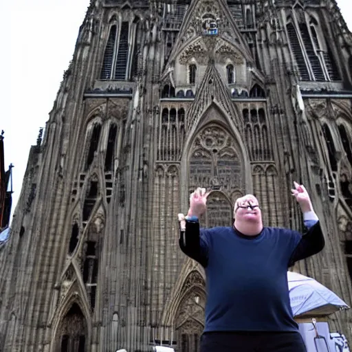 Image similar to Peter griffin in front of koln cathedral, he is dancing and doing the griddy