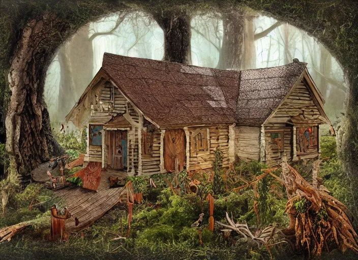 Image similar to simple folk art, house in the wood, mystical, lowbrow, matte painting, 3 - d highly detailed, in the style of ammi phillips,