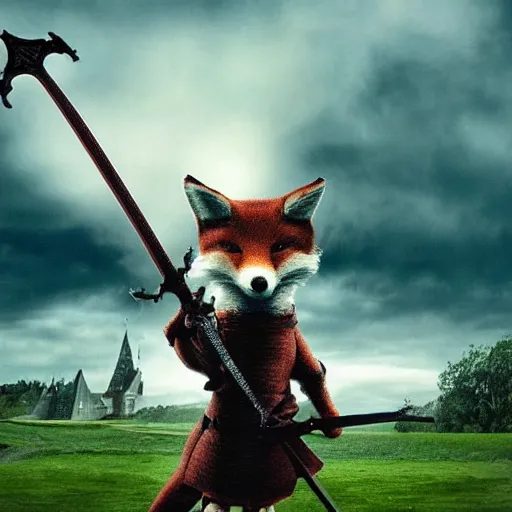 Prompt: anthropomorphic fox who is a medieval knight holding a sword towards a stormy thundercloud 1 9 3 0 s film still, fantasy castle in the background