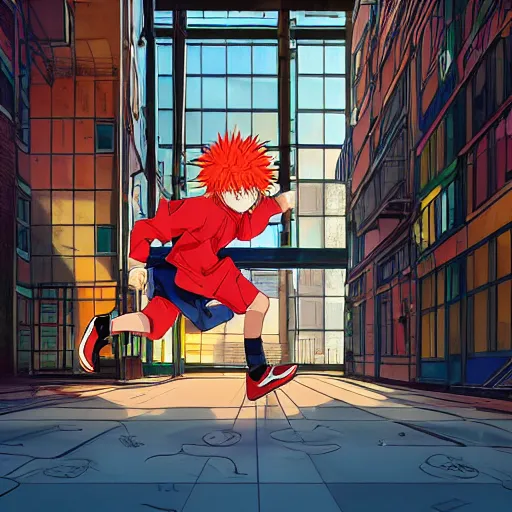 Image similar to orange - haired anime boy, 1 7 - year - old anime boy with wild spiky hair, wearing red jacket, running past colorful building, red - yellow - blue colored building, turquoise aquamarine windows, strong lighting, strong shadows, vivid hues, ultra - realistic, sharp details, subsurface scattering, intricate details, hd anime, 2 0 1 9 anime