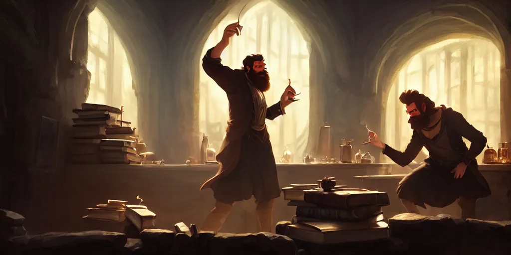 Prompt: a handsome bearded caucasian male sorcerer with brown hair, he is in a alchemist lab, casting a spell from a book, action pose, digital art, concept art, 4 k, super coherent, unreal engine, by dave melvin and greg rutkowski