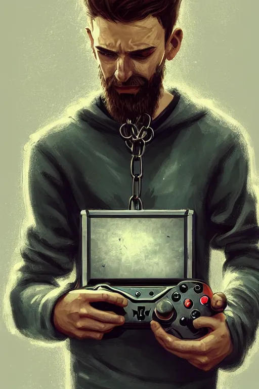 Image similar to very tired man holding gaming console in hands. he is chained to the console, intricate, elegant, highly detailed, digital painting, artstation, concept art, addiction, chains, smooth, sharp focus, illustration, art by ilja repin