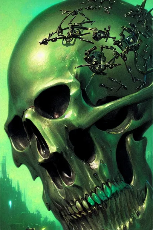 Prompt: extreme close up metal skull with bullets for teeth glowing green portal behind it portrait dnd, painting by gaston bussiere, craig mullins, greg rutkowski, yoji shinkawa