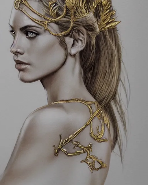 Image similar to tattoo sketch of hot blonde super model as aphrodite the greek goddess wearing a gold laurel wreath and triangle earrings, beautiful piercing gaze with sharp pupils, in the style of greg rutkowski, fantasy, amazing detail, epic, elegant, smooth, sharp focus, front view