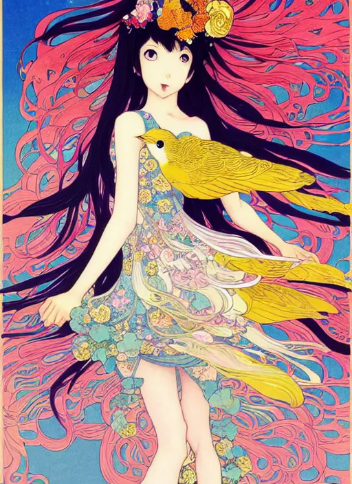 Prompt: exquisite imaginative manga poster of a girl, long wavy hair, birds, rococo dress, shimmering, by kojima ayami, shigenori soejima, minaba hideo, alphonse mucha, jump comics, shogakukan, illustration, artstation, highly detailed, 8 k, fluorescent, maximalist