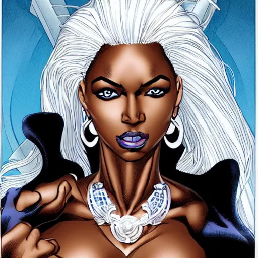 Prompt: Portrait of Ororo Munroe, a beautiful African woman in her 30s, with white hair and piercing blue eyes, symmetrical face, detailed face, gentle face, kind expression, heroic, graphic novel, art by Chris Bachalo and Marc Silvestri and John Cassaday and Michael Choi and Joe Madureira and Alan Davis,