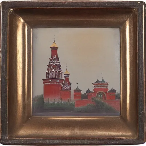 Image similar to chinese - style kremlin and chinese st. basil's cathedral on wide stone square at sawn, portrait of mao on the kremlin, gentle dawn, realistic painting