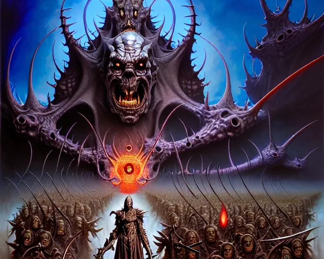 Image similar to the army of darkness and the incarnate of evil, fantasy character portrait made of fractals facing each other, ultra realistic, wide angle, intricate details, the fifth element artifacts, highly detailed by peter mohrbacher, hajime sorayama, wayne barlowe, boris vallejo, aaron horkey, gaston bussiere, craig mullins