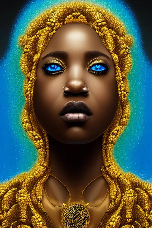 Image similar to hyperrealistic precisionist cinematic profile very expressive! black oshun goddess, staring in water!, mirror dripping droplet!, gold flowers, highly detailed face, digital art masterpiece, smooth eric zener cam de leon, dramatic pearlescent turquoise light on one side, low angle uhd 8 k, shallow depth of field