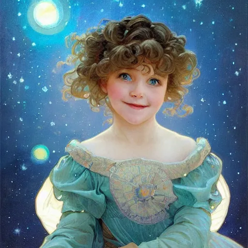 Image similar to a cute little girl with a round cherubic face, blue eyes, and short curly light brown hair smiles as she floats in space with stars all around her. She is wearing a turquoise dress. Beautiful painting by Artgerm and Greg Rutkowski and Alphonse Mucha