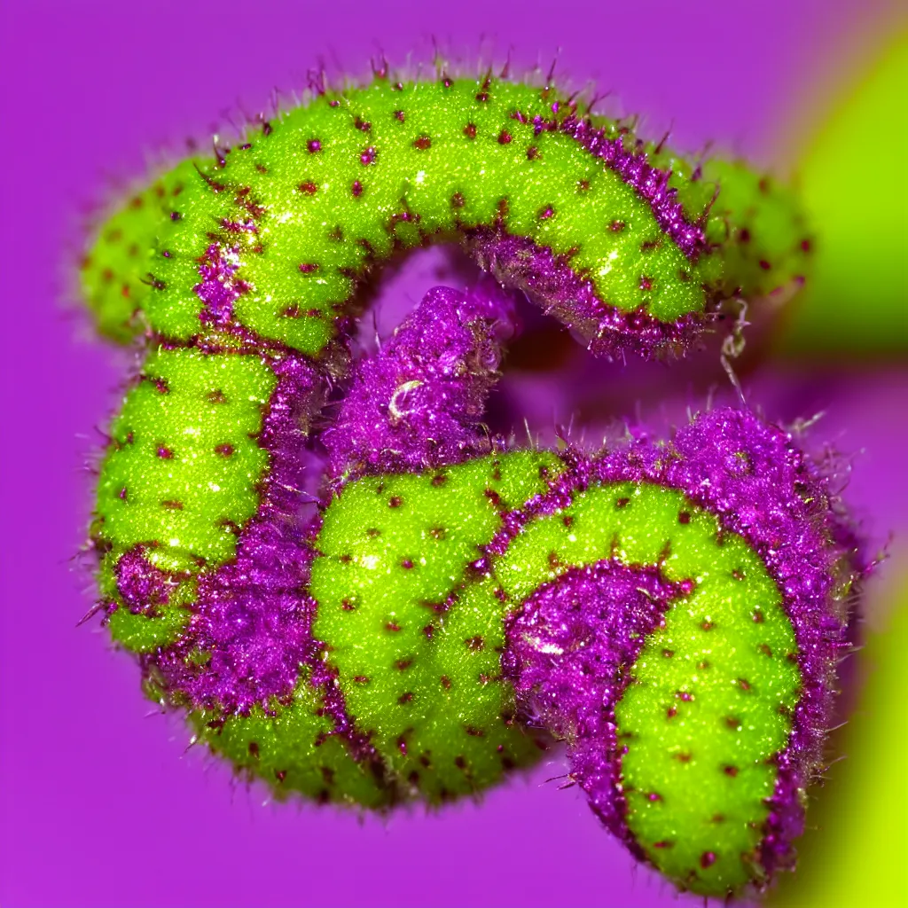 Image similar to a macro photography of a caterpillar, photorealistic, green yellow purple pink,