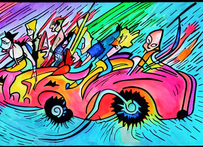 Image similar to a squad riding to party inside car, 5 people, water splashes, pop art, party lightning, evening, kandinsky, trending on art station, prolongated lines, neon tails, photorealistic style