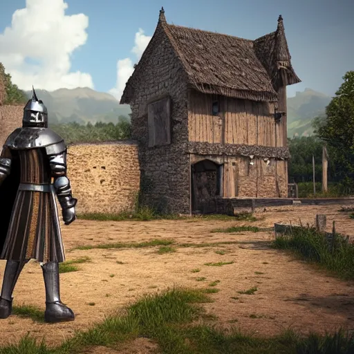 Image similar to a black knight standing in front of a village, full 8 k highly detailed unreal engine 5 render