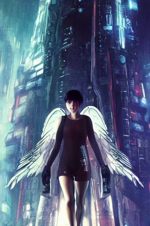 Image similar to white arc-angel with mystic robotic wings, blade runner, akira, ghost in the shell, 2077, ultra detailed, digital art, 8k ,character ,realistic, portrait, hyperrealistic