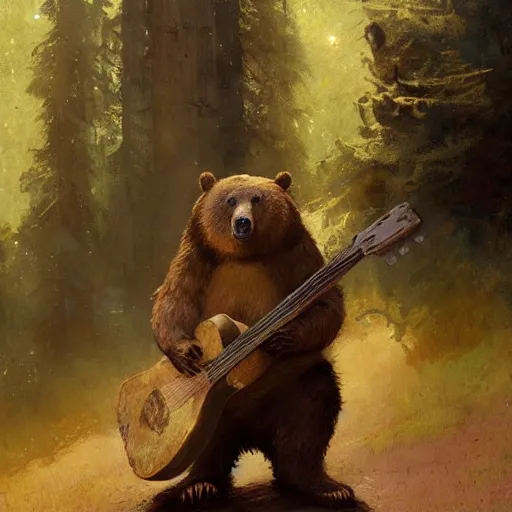 Image similar to realistic bear playing fantastic primitive forms guitar, fantasy character portrait by Greg Rutkowski, Craig Mullins, Gaston Bussiere