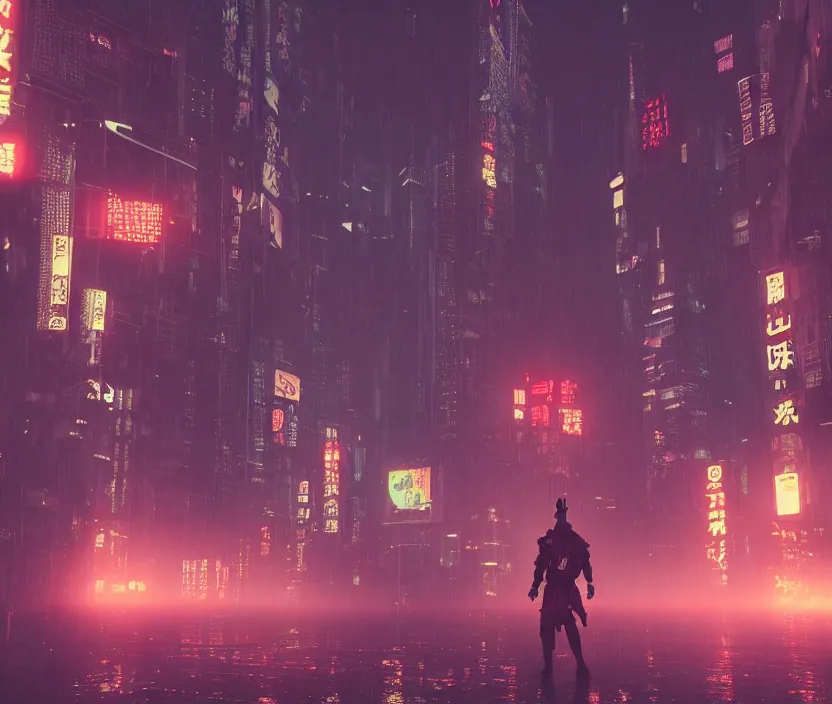 Image similar to 'a samurai in night city cyberpunk thematic , gloomy and foggy atmosphere, octane render, artstation trending, horror scene, highly detailded'
