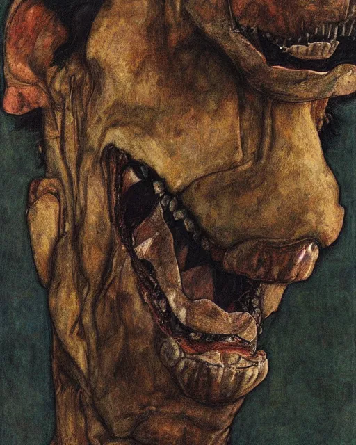 Prompt: portrait of a tyrannosaurus by egon schiele in the style of greg rutkowski