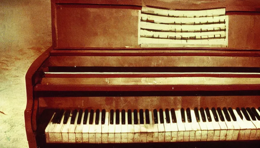 Image similar to 7 0 s film still from a horror movie about an old piano, kodachrome, cinecolor, cinestill, film grain, film texture, retro, cinematic, high resolution, photorealism,