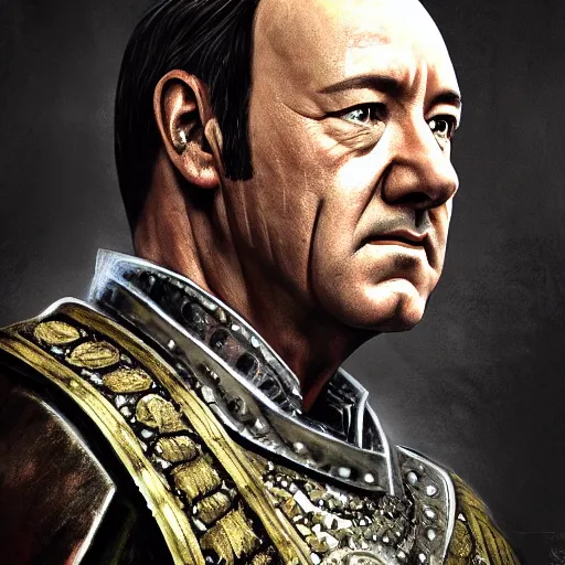 Prompt: Illustration of Kevin Spacey as a Roman Emperor, dark atmosphere, angry look, gta 5 cover style, highly detailed, digital painting, Trending on artstation , HD quality, by Glenn Rane and Samwise Didier, dramatic light, octane