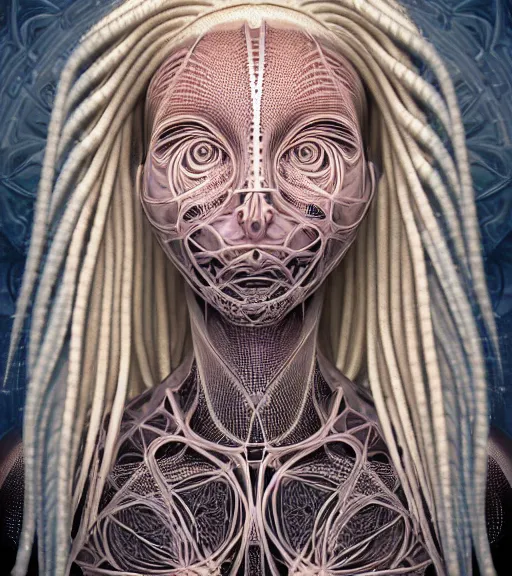 Image similar to photograph of beautiful biomechanical female blonde dreadlocks girl, hyper realistic skin, geometrical octagonal lace tattoos, polyhedral 3 d, roccoco futuristic android jones style steampunk, trippy lsd hippie, craftsmanship, intricate, hexagonal mesh wire, mandelbrot fractal spiral mandala alexander mcqueen, alex grey, giger, hyperreal, photorealistic