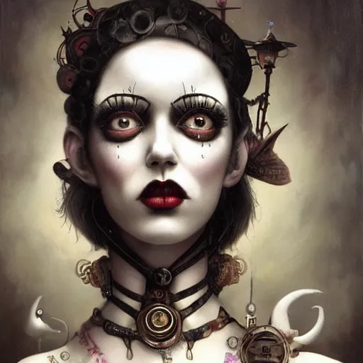 Image similar to By Tom Bagshaw, ultra realist soft painting of a curiosities carnival by night, very beautiful female steampunk Clown in full gothic dress, symmetry accurate features, very intricate details, omnious sky, black and white, volumetric light clouds