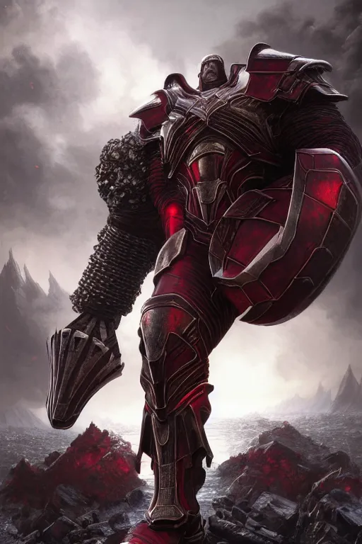 Prompt: ultrarealistic massive giant iron knight with red cape, giant metal helm bladed iron mantle black etched iron armor, thanos body, bone wastes, fantasy character portrait, octane render, extreme intricate details, cinematic lighting, volumetric lighting, ultra wide angle, artstation, dnd art, cgsociety, sharp focus, digital painting by artgerm, gerald brom, wlop