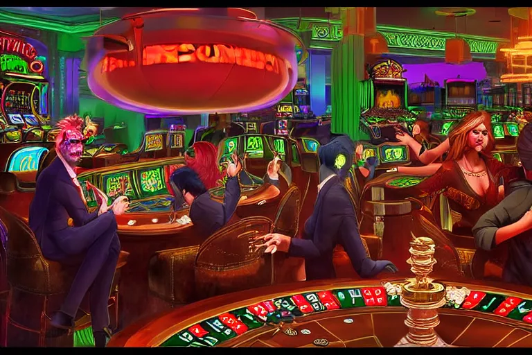 Image similar to interdimensional demons gambling over the wages of human souls in an afterlife casino, digital artwork, trending on artstation