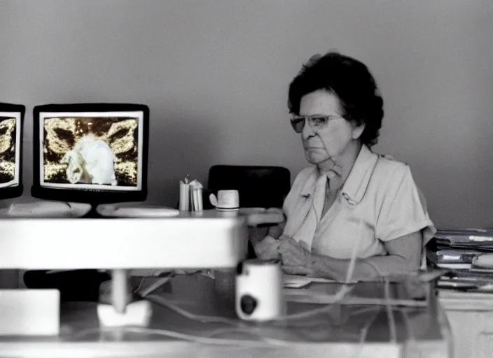 Prompt: film still of an elderly woman on fire using a desktop computer 1 9 9 8, 8 k