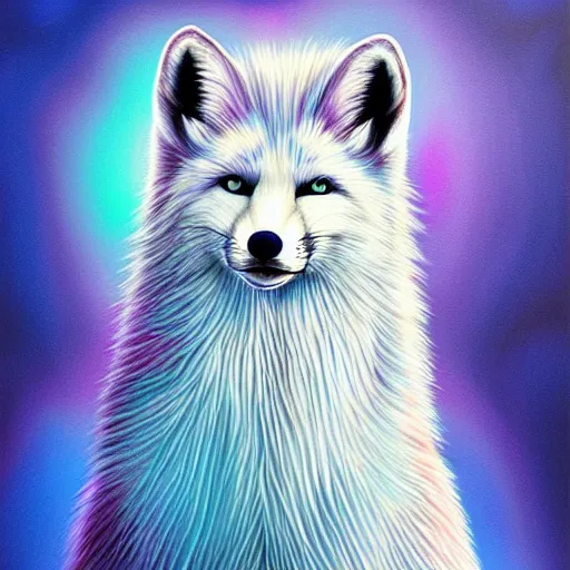 Prompt: luminescent colorful detailed airbrush painting of long haired white fox with cyan and purple gradient fur