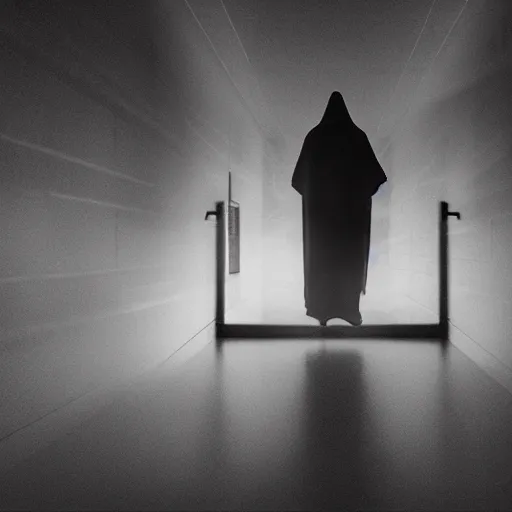 Image similar to a figure shrouded in a pitch black robe descending a white grand staircase in a black room, photorealism, dramatic lighting, serious, gloomy, forboding