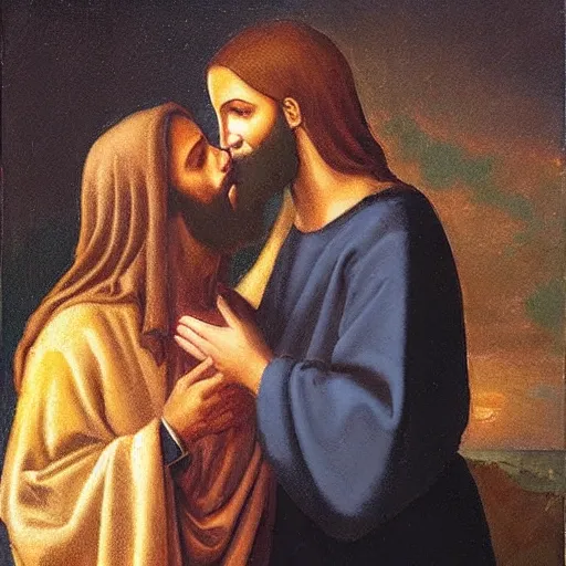 Prompt: 1 8 th oil panting of a jesus kissing a woman