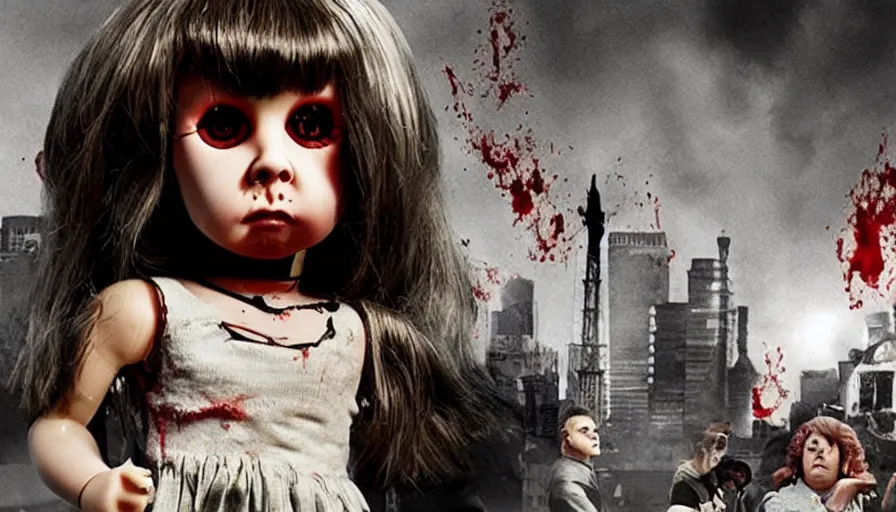 Image similar to big budget movie about killer doll destroying a city