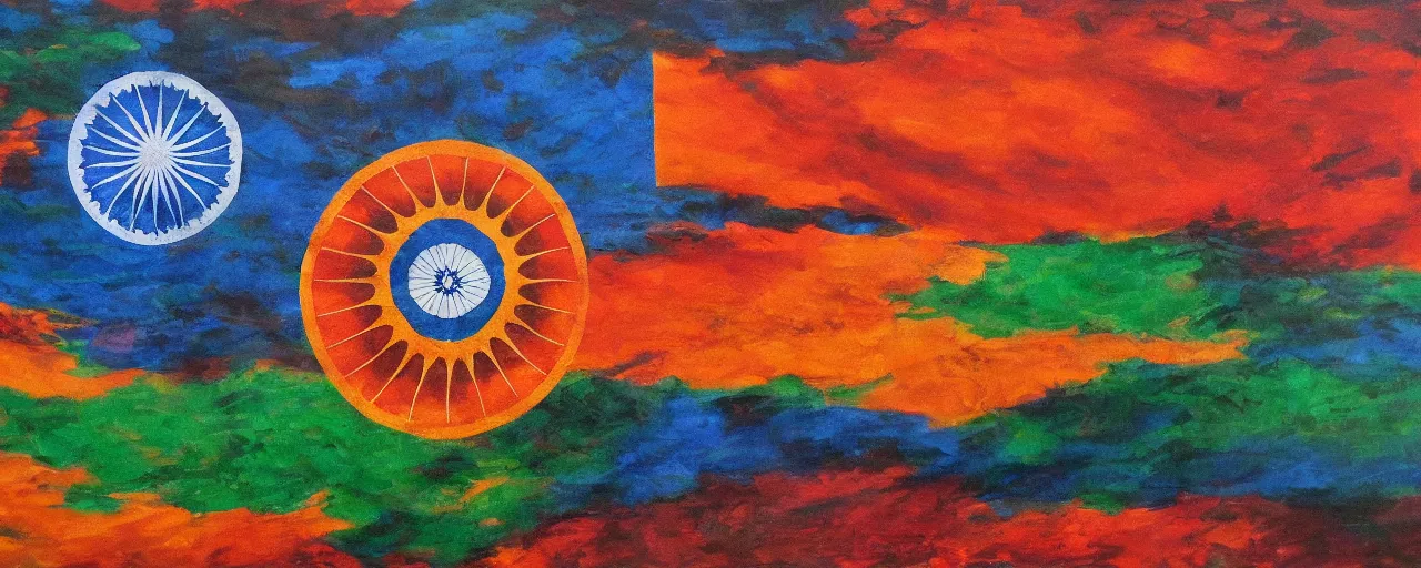 Prompt: himalayas draped in indian flag with ashoka chakra at the center, art, oil painting, cinematic, intricate