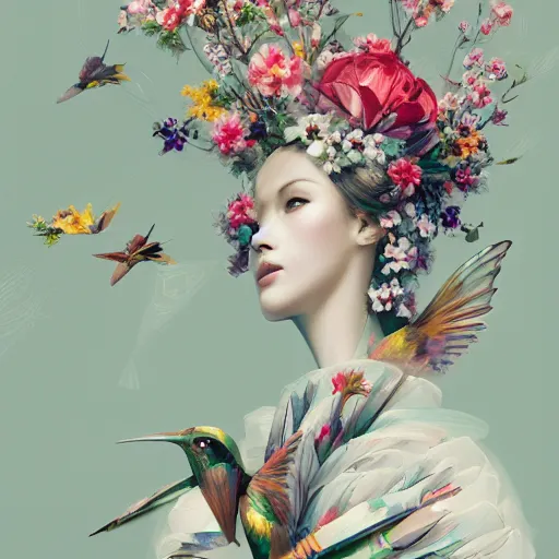 Prompt: 3 / 4 view of a beautiful girl wearing an origami dress, eye - level medium shot, fine floral ornaments in cloth and hair, hummingbirds, elegant, by eiko ishioka, givenchy, by ruan jia, by peter mohrbacher, centered, fresh colors, origami, fashion, detailed illustration, vogue, japanese, reallusion character creator