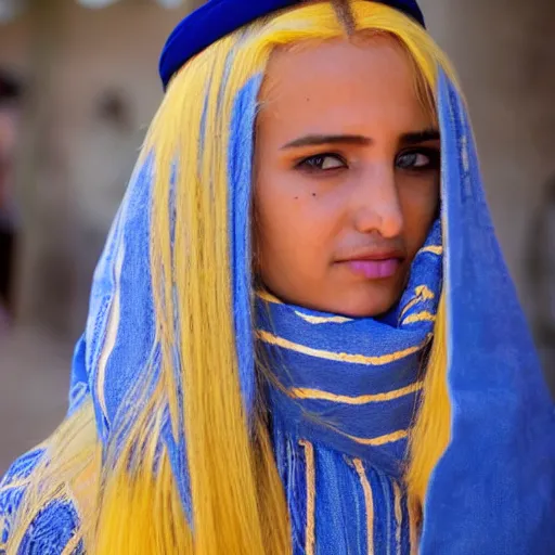 Prompt: moroccan women, long yellow hair, blue big eye, with large boops, perfect face and silhouette.