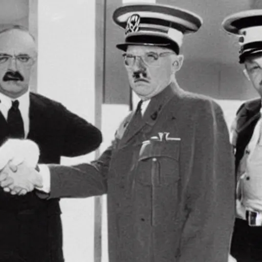 Image similar to adolf hitler shaking hands with walter white, black and white, cctv, over - the - shoulder shor