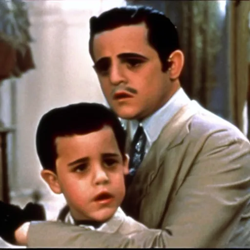 Prompt: still frame from anomalous copy of %The Godfather 2% where Fred Savage played young Vito Corleone.