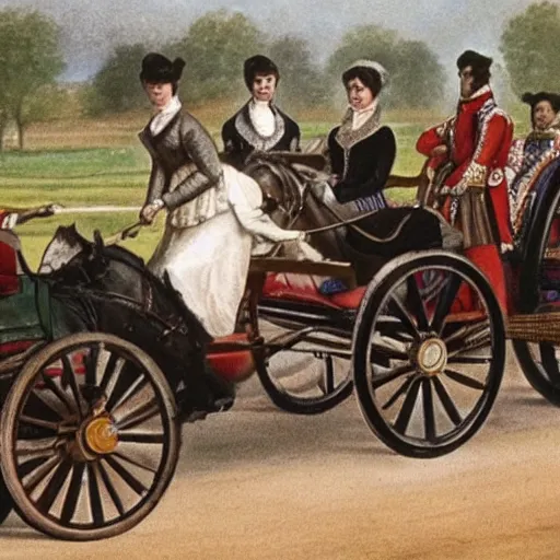 Image similar to lady catherine de bourgh from pride and prejudice drives her barouche box pulled by two horses on the formula 1 circuit of le mans. cinematic, technicolor, highly intricate