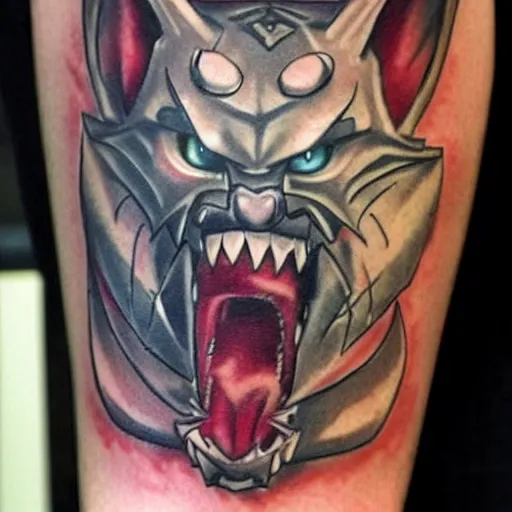 Image similar to a tatoo of rengar from league of legends,