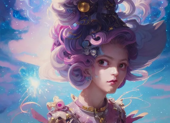 Image similar to close up picture of an maximalist dress magical girl, neat hair with bangs, smug face, extremely beautiful and aesthetic and detailed cute face and eyes, wipe out evils with cute astronaut familiar sprites, aming the magical beams to the camera, chiaroscuro, intricate, masterpiece, epic fantasy illustrations by peter mohrbacher and anato finnstark and jeremy lipking