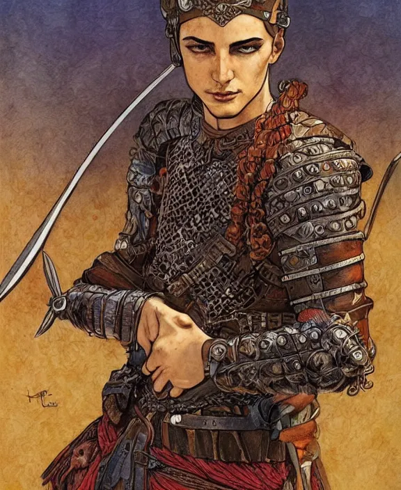 Image similar to a beautiful young medieval warrior, by asaf hanuka, by karol bak, by tony diterlizzi, colored pencil, fine art