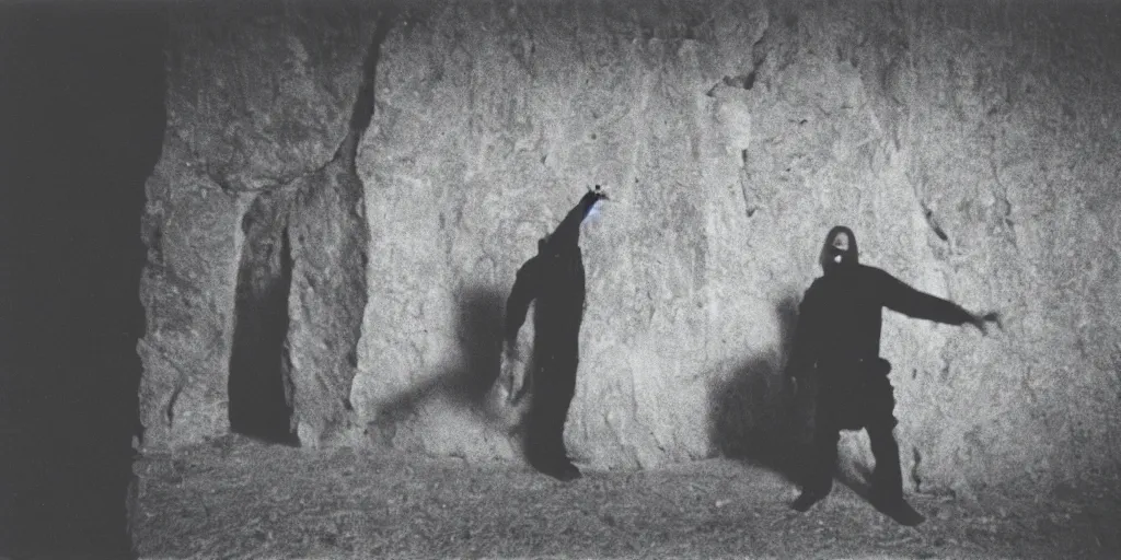 Image similar to creepy photo of dottore dancing around a stone monolith in a barn, 70mm film, old film, found film, scary, ominous, disturbing