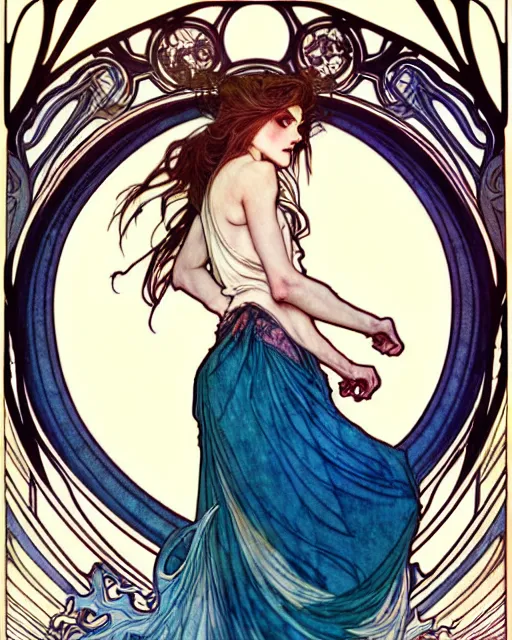 Image similar to in the style of artgerm, arthur rackham, alphonse mucha, phoebe tonkin, symmetrical eyes, symmetrical face, flowing blue skirt, full entire body, hair blowing, intricate filagree, hidden hands, warm colors, cool offset colors