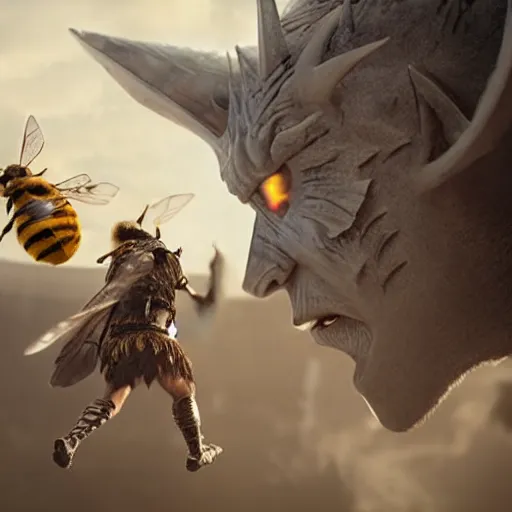 Prompt: justin sun as night king versus huge bee, 4 k, epic, cinematic, focus, movie still, fantasy, extreme detail, atmospheric, dark colour, sharp focus