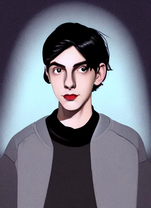 Image similar to portrait of teenage jughead jones wearing a light grey crown, crown, blue turtleneck, 1 9 5 0 s, closed eyes, photorealistic, black hair, glowing lighting, intricate, elegant, glowing lights, highly detailed, digital painting, artstation, concept art, smooth, sharp focus, illustration, art by wlop, mars ravelo and greg rutkowski