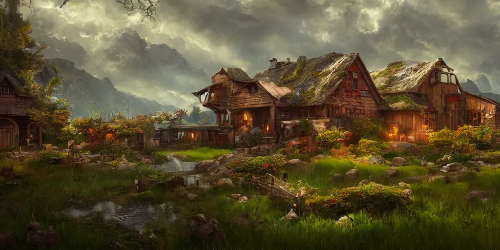 Image similar to a fantasy farm, extremely detailed oil painting, unreal 5 render, fantasy digital art, octane render, beautiful composition, trending on artstation, award-winning photograph, masterpiece