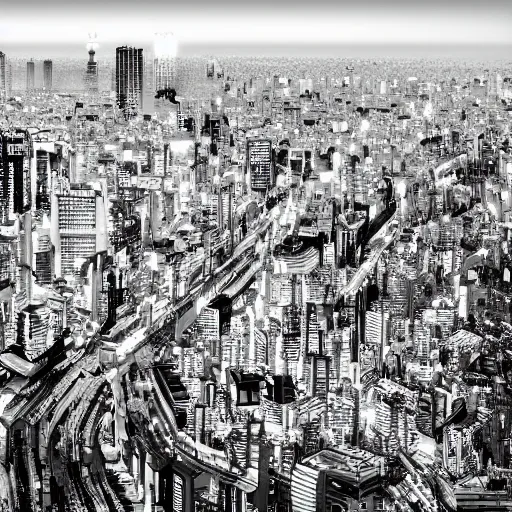 Prompt: tokyo city taken from drone by ashley wood and j. m. w. turner, speed painting, photo bash, cinematic angle, super detailing, monochrome