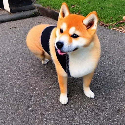 Image similar to A Shiba Inu dog wearing a beret and black turtleneck