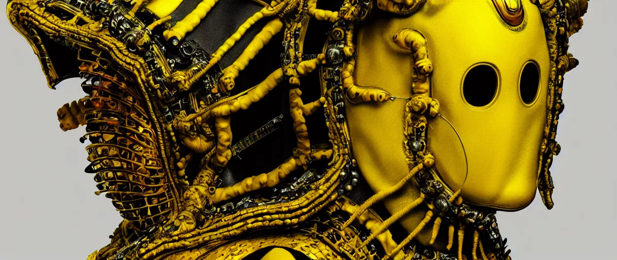 Prompt: hyperrealist highly detailed english medieval portrait of high fashion monster wearing car part yellow cab armor, radiating atomic neon corals, concept art pascal blanche dramatic studio lighting 8k wide angle shallow depth of field